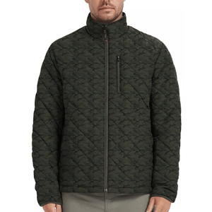 Men's quilted jacket with a camo pattern and a high collar, featuring a full zip front and a zippered chest pocket.