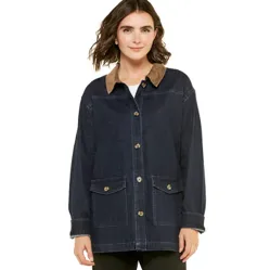 Dark denim jacket with a brown corduroy collar, button-up front, and front patch pockets.