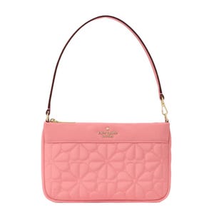 Pink Kate Spade shoulder bag with a floral quilted pattern and a gold-tone logo.