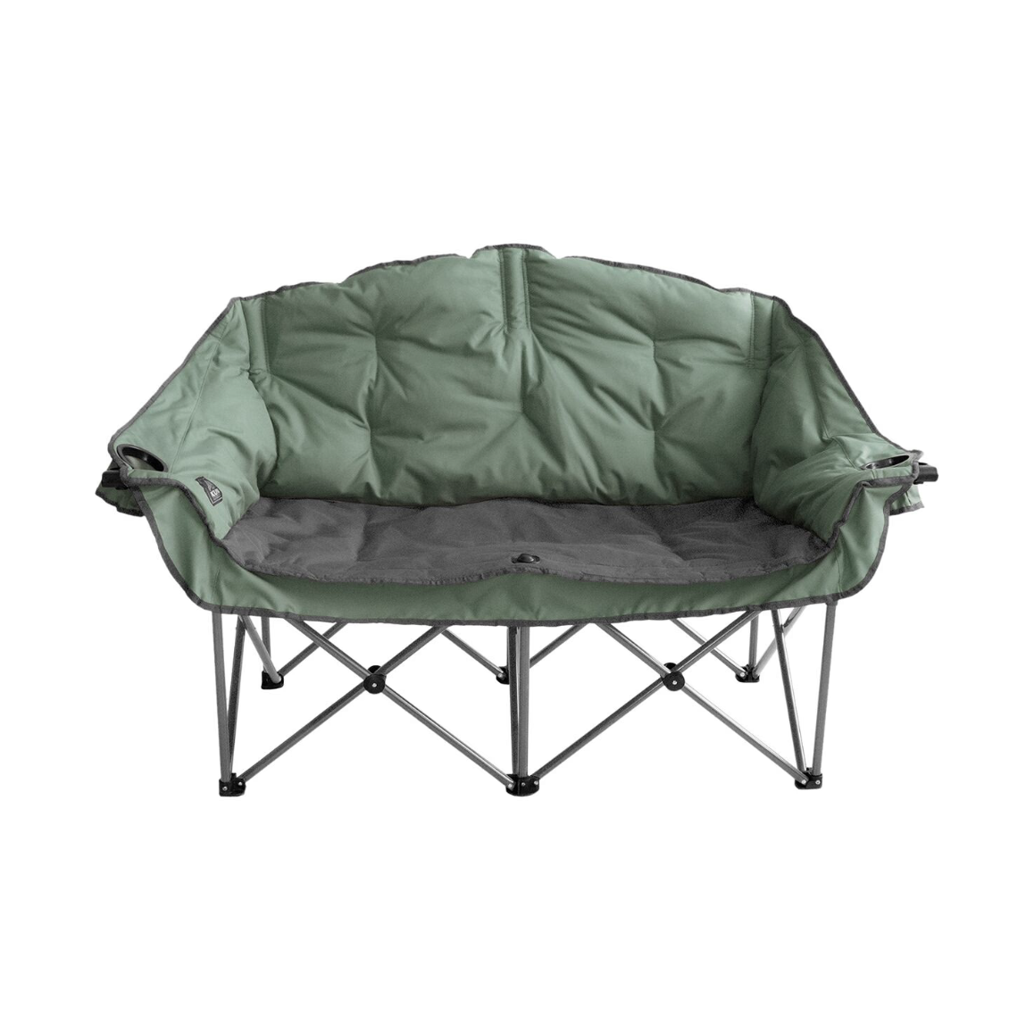 A green portable loveseat-style camping chair with a padded seat and backrest. It features a durable foldable frame and integrated cup holders on both armrests.