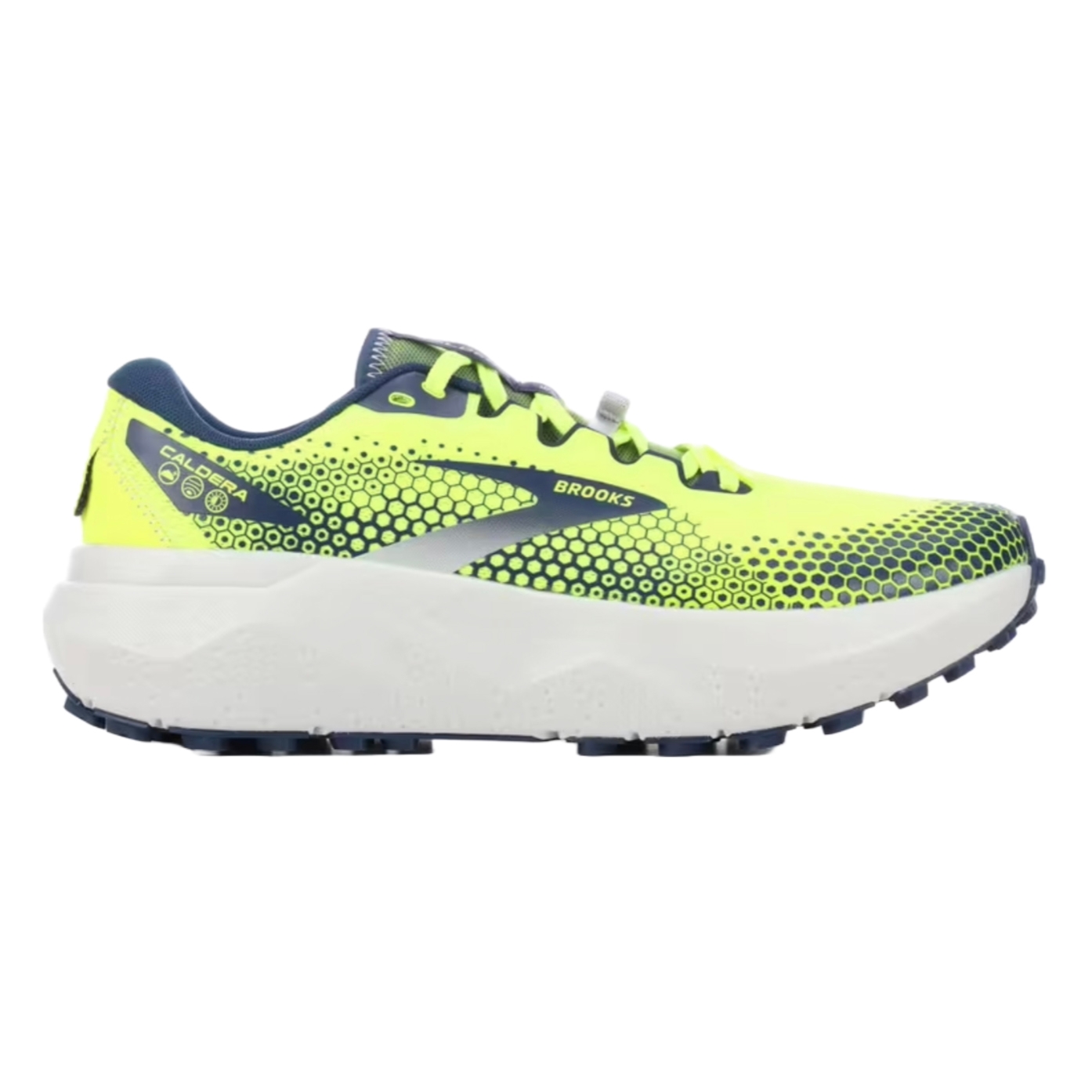 Bright yellow trail running shoe with black and blue accents, featuring a breathable mesh upper, robust cushioning, and grippy lugged outsole for enhanced traction on varied terrains.