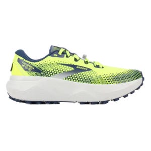 Bright yellow trail running shoe with black and blue accents, featuring a breathable mesh upper, robust cushioning, and grippy lugged outsole for enhanced traction on varied terrains.