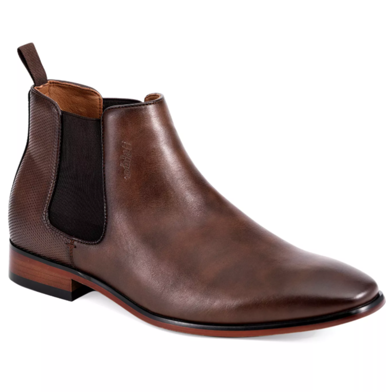 Brown leather Chelsea boot with a pull tab, black elastic side panels, and a low stacked heel.