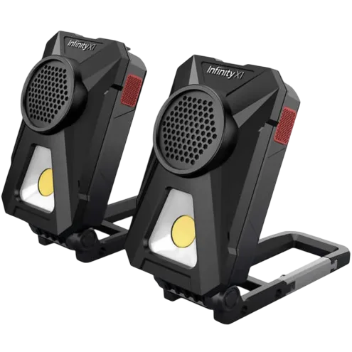 A pair of Infinity X1 Tactical Speaker Lanterns featuring speakers and lights, designed for outdoor use, with a rugged build and a foldable stand.