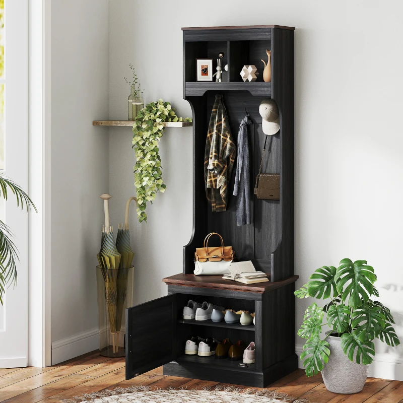 Hall tree with storage bench, coat hooks, and shoe storage shelves, accompanied by hanging jackets, hats, and a plant.