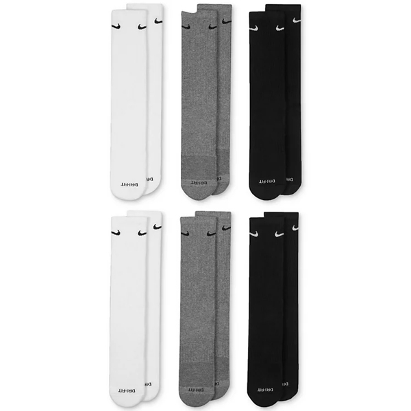 A set of six pairs of knee-high socks in white, gray, and black, each featuring a small swoosh logo and the word \“DRI-FIT\“ on the toe.