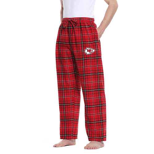 Red and black plaid flannel sleep pants featuring the Kansas City Chiefs logo on the side.