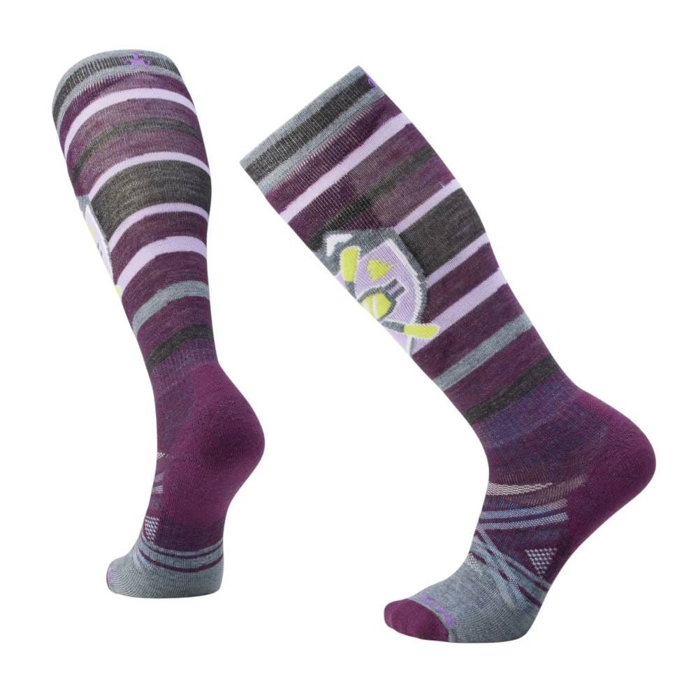 Knee-high socks featuring a purple and gray striped pattern with a small geometric design.