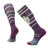 Knee-high socks featuring a purple and gray striped pattern with a small geometric design.