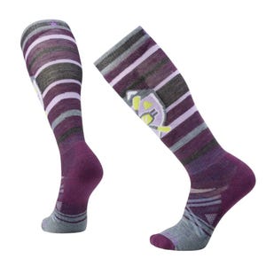 Knee-high socks featuring a purple and gray striped pattern with a small geometric design.
