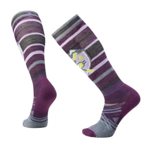 Knee-high socks featuring a purple and gray striped pattern with a small geometric design.