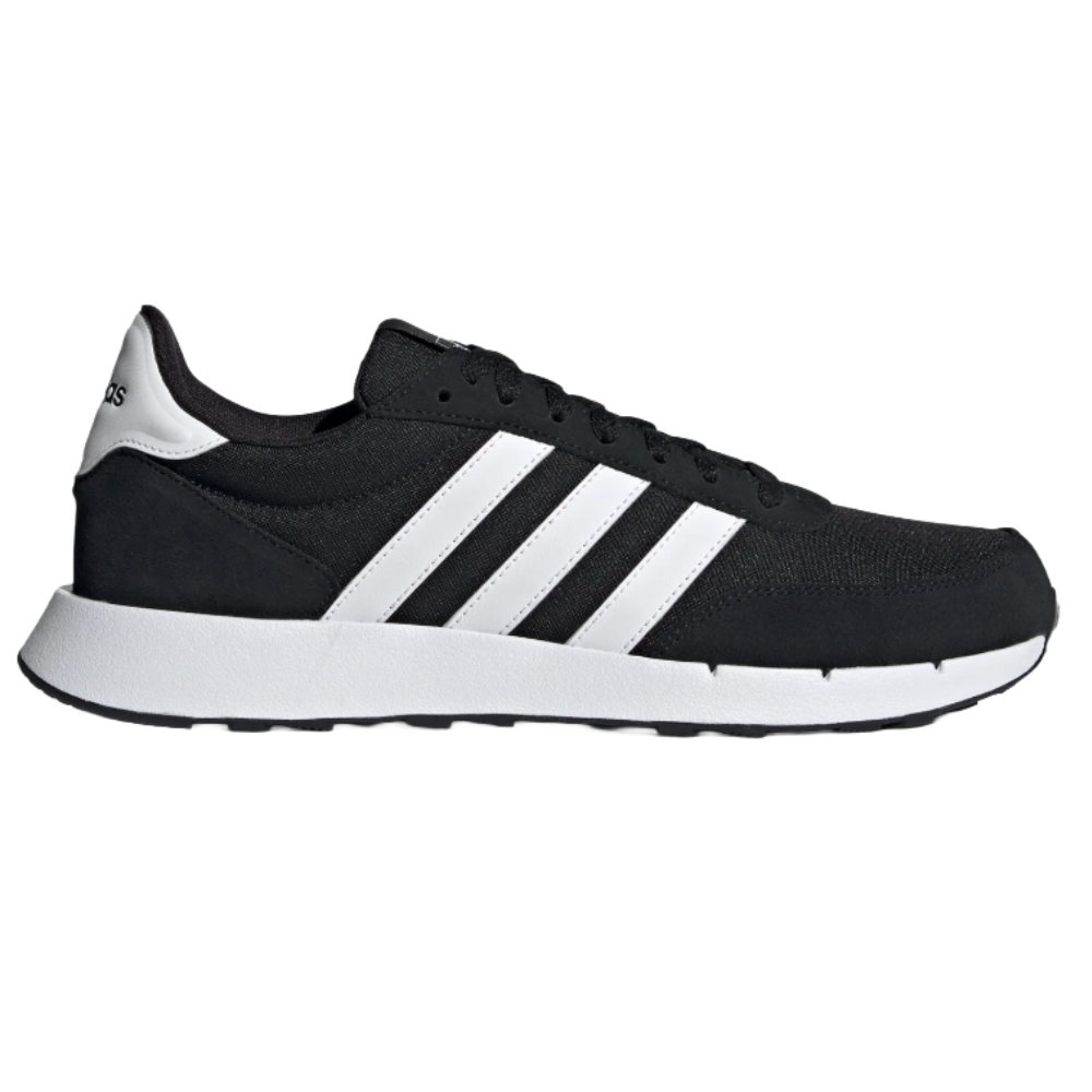 A black and white Adidas sneaker featuring iconic three stripes design on the side.