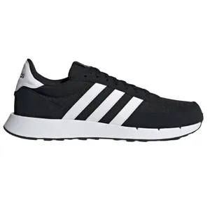A black and white Adidas sneaker featuring iconic three stripes design on the side.