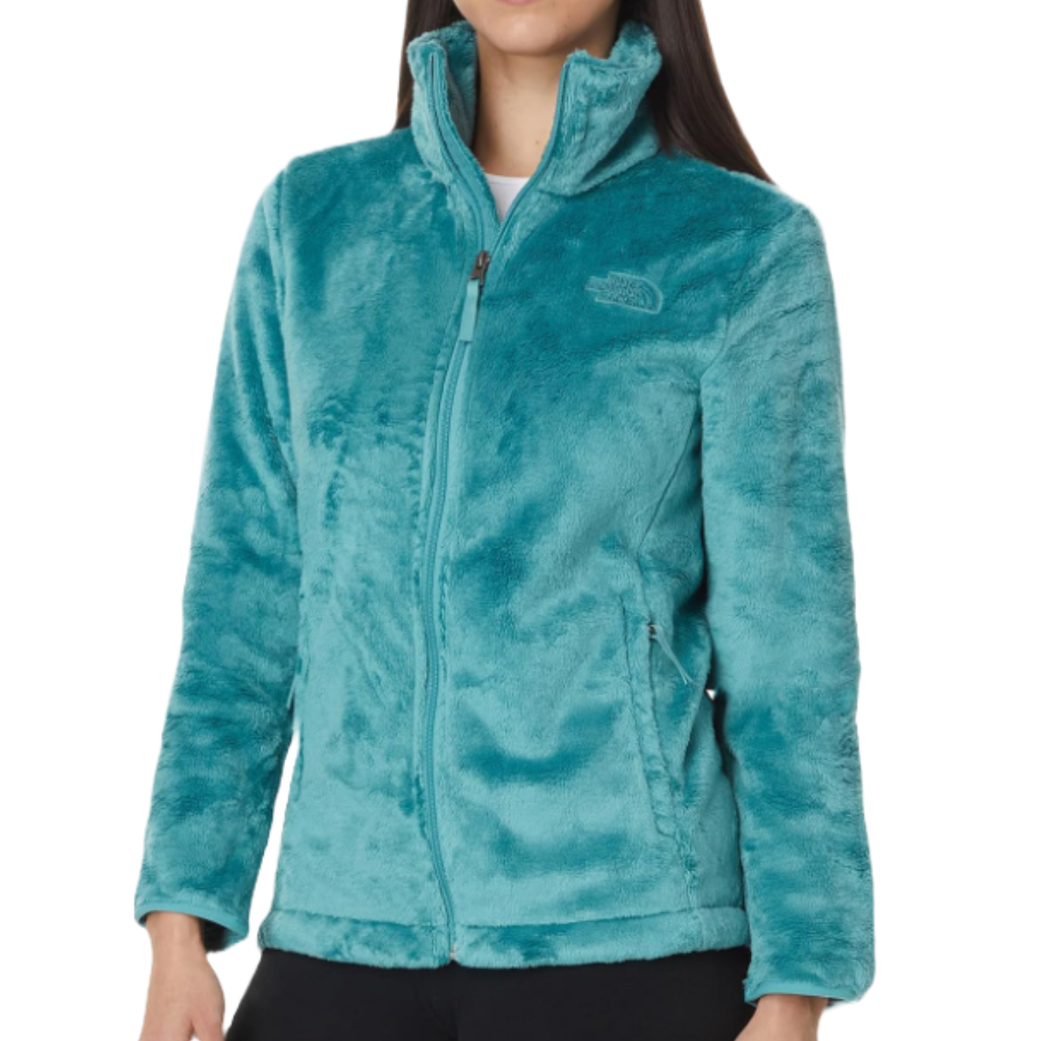 A turquoise, plush fleece jacket from The North Face with a high collar, full-length zipper, and side pockets.