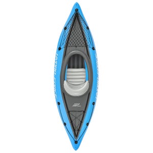 Inflatable kayak in blue and gray with black netting over the bow, featuring a padded, adjustable seat inside a partially enclosed cockpit.