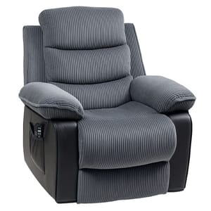 Gray recliner with corduroy upholstery, equipped with a heated massage function and power lift feature. It includes a side pocket and has padded armrests and backrest.