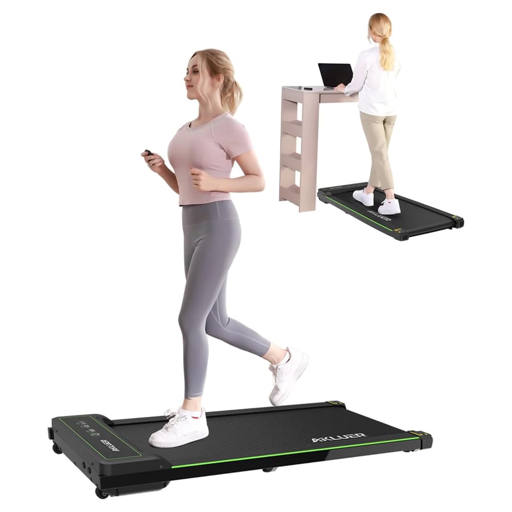 Compact treadmill suitable for walking or running, depicted in a home setting with a user exercising and another standing and working on a laptop.