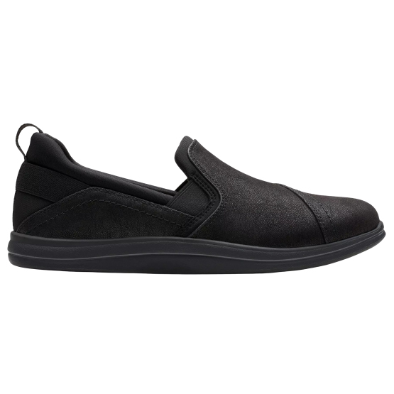 A black slip-on shoe with a low-profile design, featuring a soft upper and a cushioned sole for comfort.