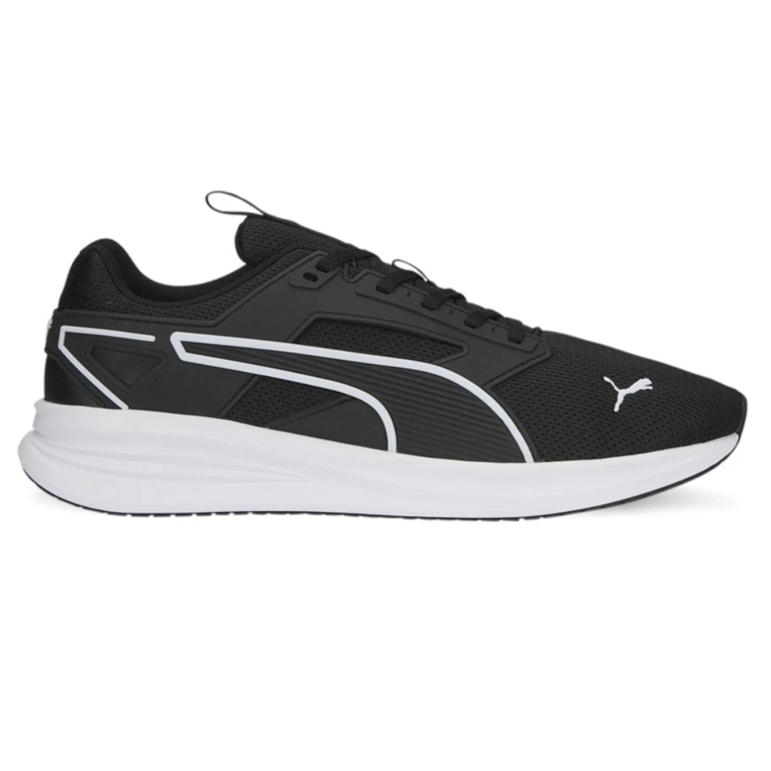 Black and white Puma running shoe with a sleek design and Puma logo.