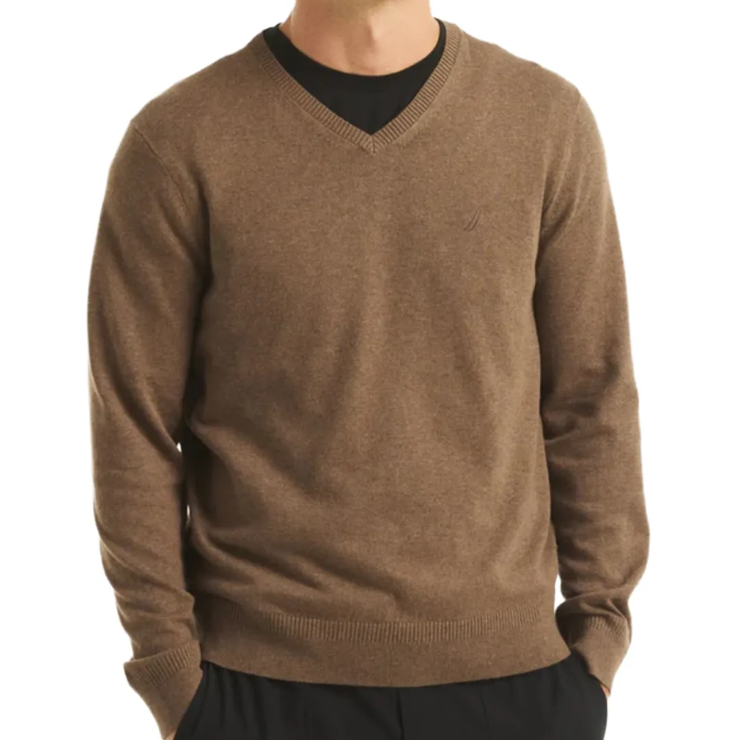 A brown V-neck sweater worn over a black shirt, featuring ribbed cuffs and hem, suitable for a casual or semi-formal look.