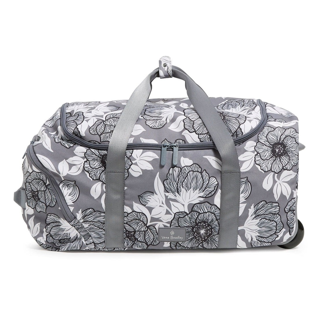 A gray floral-patterned duffel bag with wheels, featuring dual handles and a zippered main compartment.