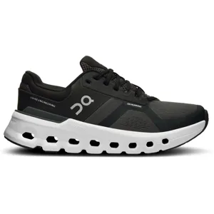 A black running shoe with \“Swiss Engineering\“ and \“On Running\“ logos, featuring a distinctive white CloudTec sole with multiple open cutouts for cushioning and support.