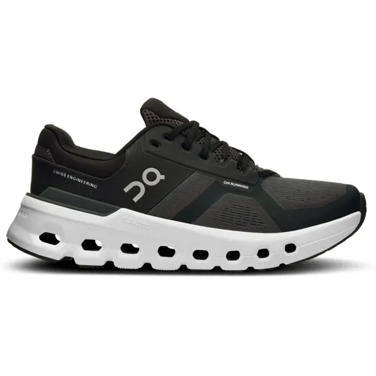 A black running shoe with \“Swiss Engineering\“ and \“On Running\“ logos, featuring a distinctive white CloudTec sole with multiple open cutouts for cushioning and support.