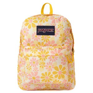 A Jansport backpack with a floral pattern featuring yellow and pink flowers, equipped with a front pocket and a yellow carrying handle.
