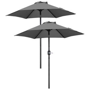 A set of two 7.5-foot patio umbrellas with dark gray canopies and black poles featuring a crank mechanism.