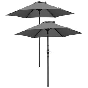 A set of two 7.5-foot patio umbrellas with dark gray canopies and black poles featuring a crank mechanism.