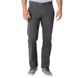 A person wearing dark gray straight-leg pants paired with light gray sneakers and a checkered shirt.