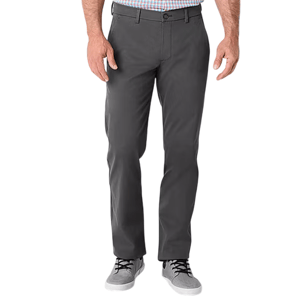 A person wearing dark gray straight-leg pants paired with light gray sneakers and a checkered shirt.