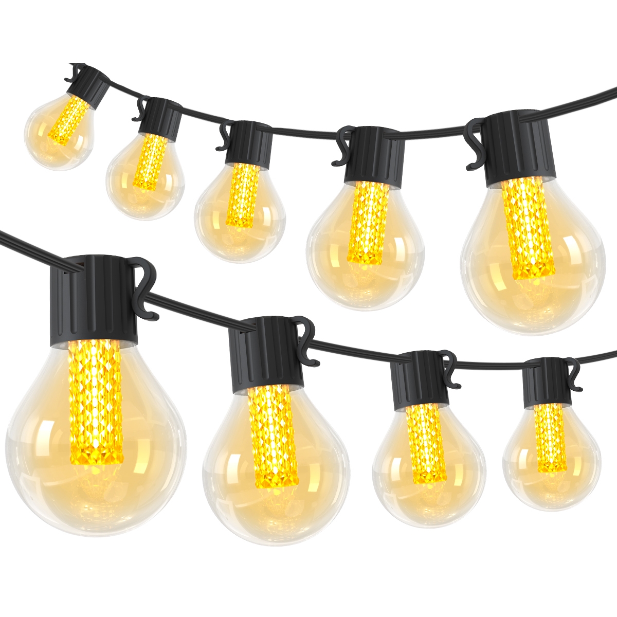 A 50-foot string of clear LED bulb lights with black sockets and cords, each bulb featuring a visible illuminated filament, suitable for outdoor or decorative use.