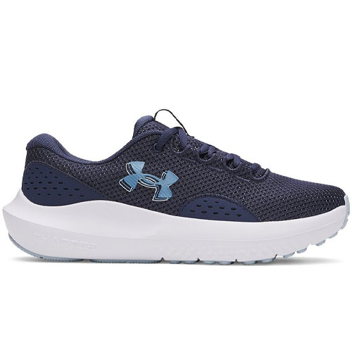 A navy blue athletic shoe with a white sole, featuring a mesh upper and the Under Armour logo on the side.
