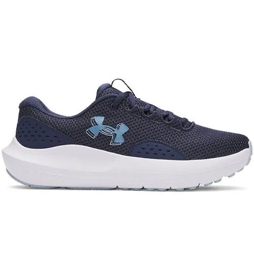 A navy blue athletic shoe with a white sole, featuring a mesh upper and the Under Armour logo on the side.