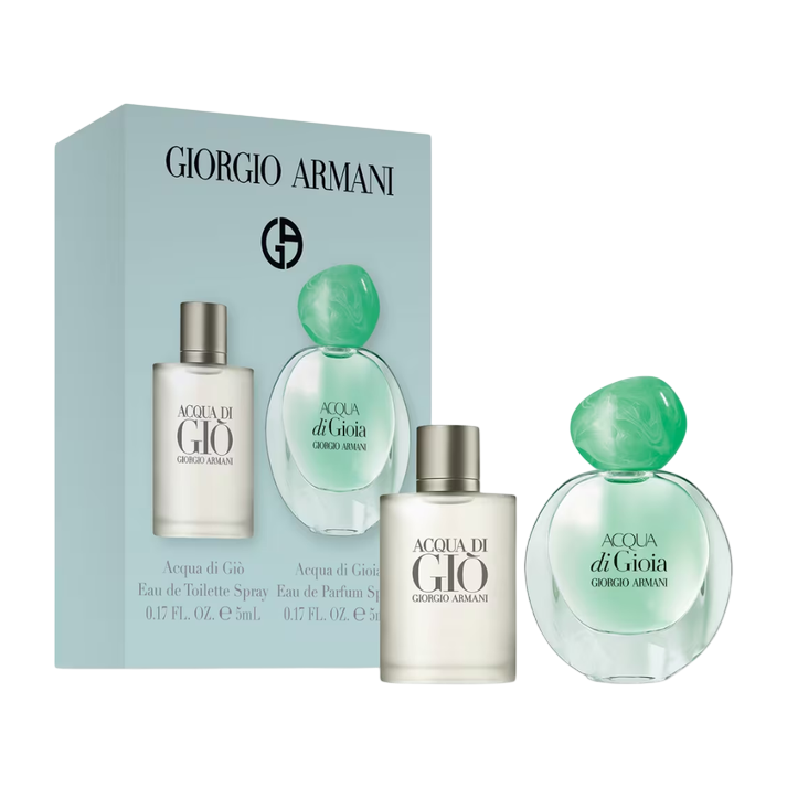 Giorgio Armani gift set featuring Acqua di Giò Eau de Toilette and Acqua di Gioia Eau de Parfum, each in 5mL bottles.