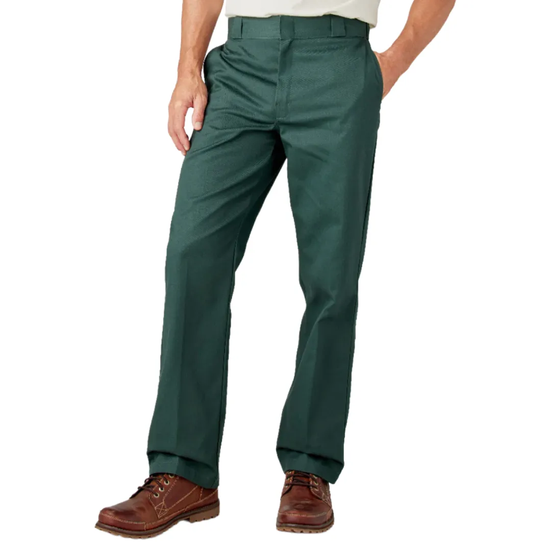 Dark green men's trousers paired with brown leather boots, featuring a straight-leg cut and belt loops.