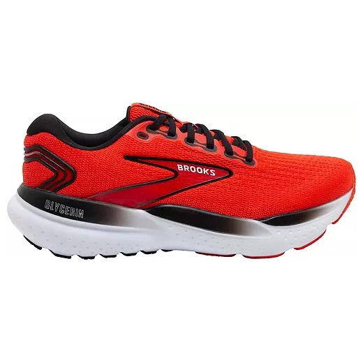 Red and black running shoe with white sole and branding on the side.