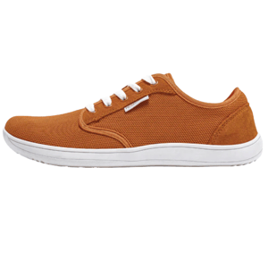 Orange canvas sneaker with white laces and a white rubber sole.