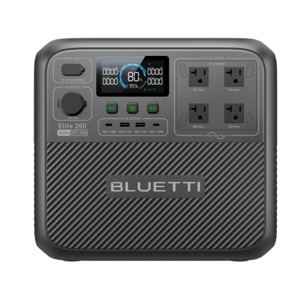 Portable power station with a display, multiple ports including four AC outlets, and USB connections, labeled \“BLUETTI Elite 200\“ with a capacity of 2073.5Wh and 2400W output.