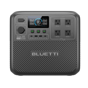 Portable power station with a display, multiple ports including four AC outlets, and USB connections, labeled \“BLUETTI Elite 200\“ with a capacity of 2073.5Wh and 2400W output.