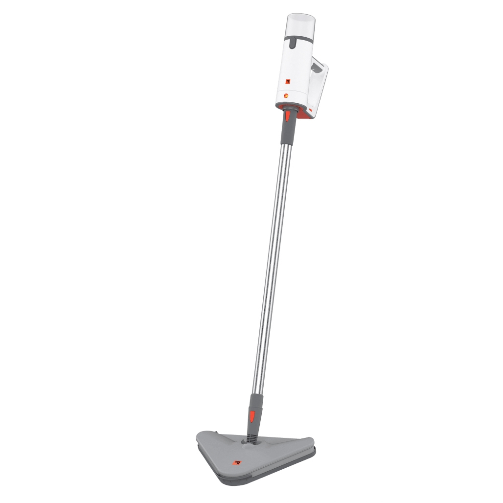 A white and gray Sharper Image steam mop with a detachable handheld steamer, featuring a long handle and a triangular mop head.