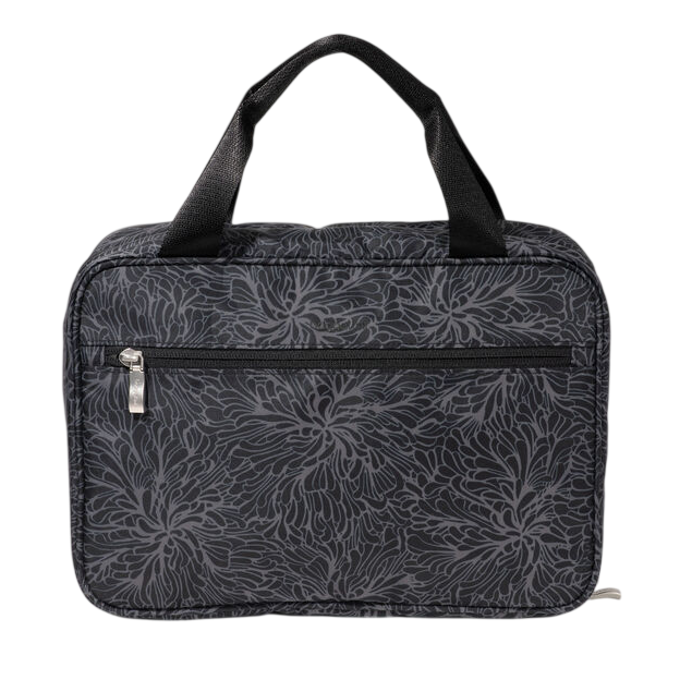 A black bag with a floral pattern, featuring a front zipper pocket and two handles for carrying.