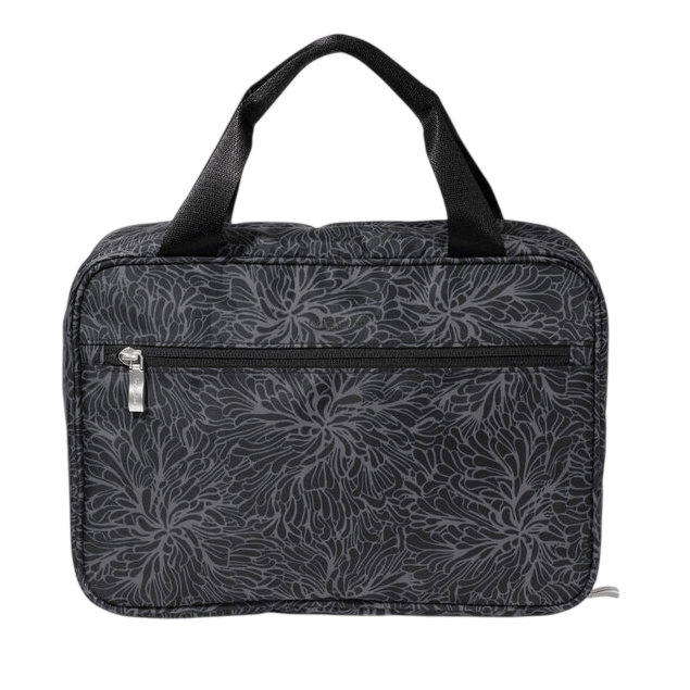A black bag with a floral pattern, featuring a front zipper pocket and two handles for carrying.