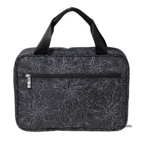 A black bag with a floral pattern, featuring a front zipper pocket and two handles for carrying.