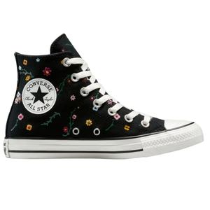 A black Converse Chuck Taylor All Star high-top sneaker with colorful floral patterns and white laces.