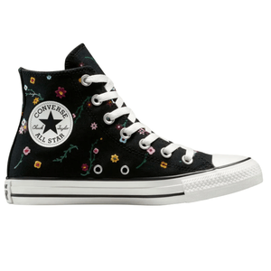 A black Converse Chuck Taylor All Star high-top sneaker with colorful floral patterns and white laces.