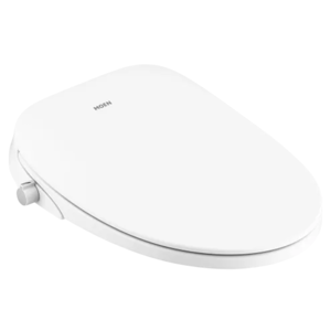 A white Moen bidet toilet seat with a simple design, featuring a control knob on the side for adjustments.