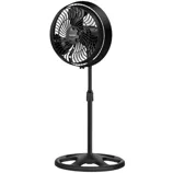 A black standing fan with a circular base and adjustable height.