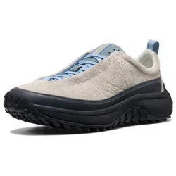 A sneaker with a textured beige upper, blue laces, and black rugged sole, suitable for outdoor activities.